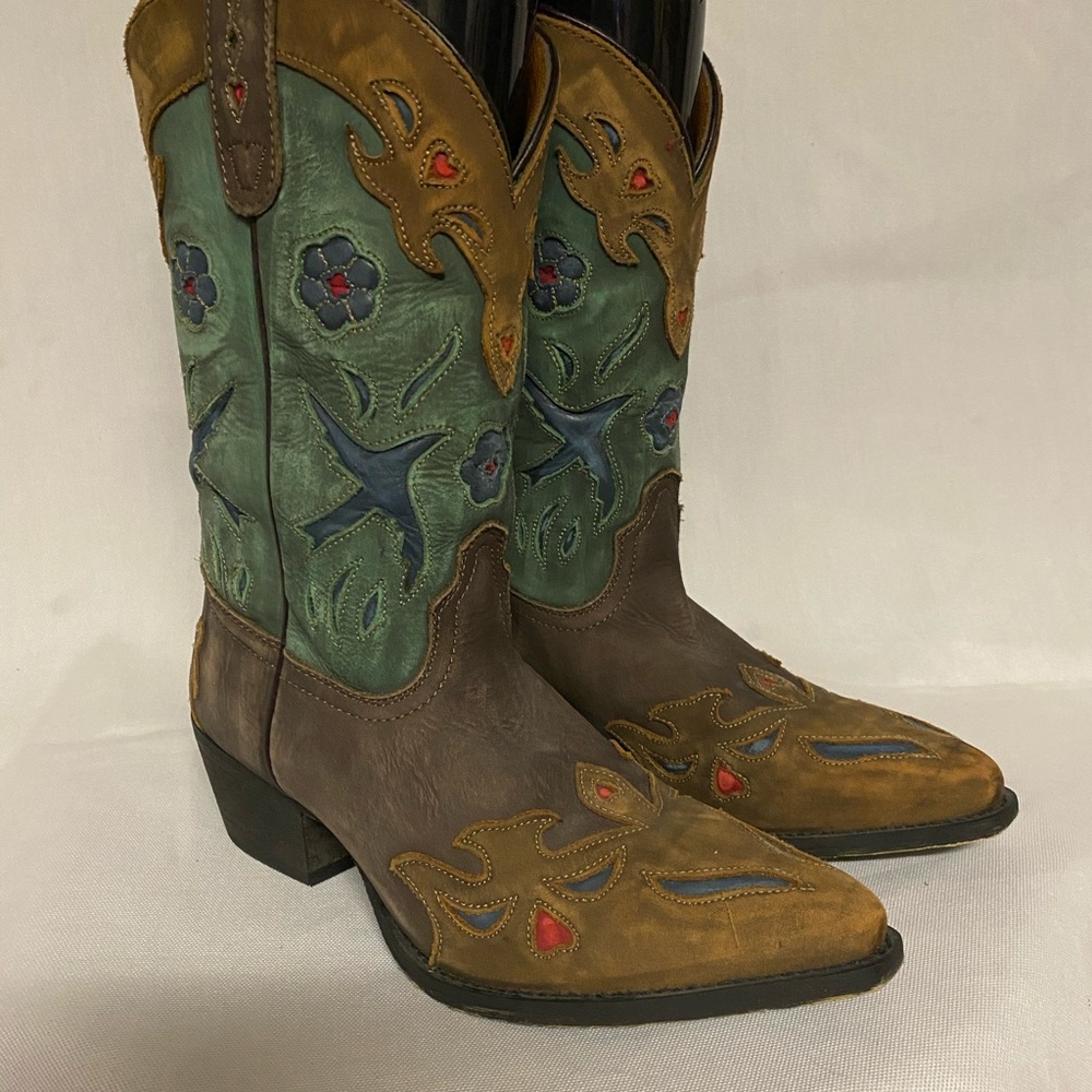 Dan Post Brown and Teal Embroidered Western Heeled Boots. - Picture 5 of 16